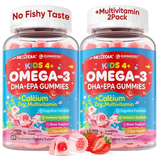 [BRSREZICB57AK2Y7] Nextdia Omega 3 (EPA/DHA) Filled Gummies for Kids with Multivitamin, Calcium + D3 + K2 + Zinc, Plus Vitamin A B1 B2 B12 C, Selenium, Iodine for Brain, Eye, Bone, Energy, No Fish Taste, 2 Pack