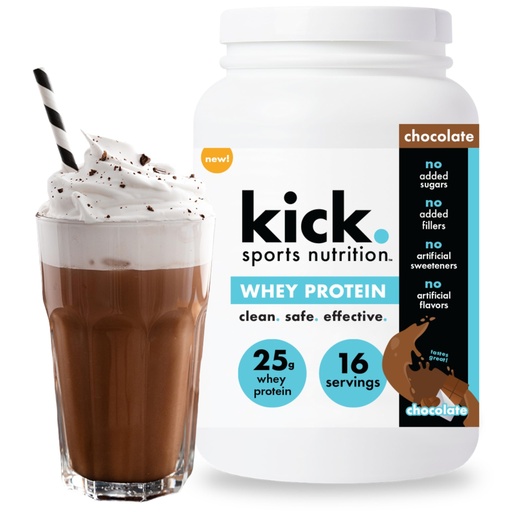 [BRSRACDQOB7A23LF] Kick Whey Protein Powder, Chocolate Flavor, 25 G Protein Gluten Free Workout Supplement with Amino Acids to Support Fitness Goals & Gut Health, No Added Sugar, No Artificial Flavor, 16 Servings