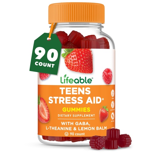[BRSREEIHCR6G2FLD] Lifeable Stress Aid Gummies for Teens | with Lemon Balm, GABA and L Theanine Supplements | Vegan Non GMO Mood Support Supplement | Great Tasing Stress Vitamins | L-Theanine for Teen | 90 Gummies