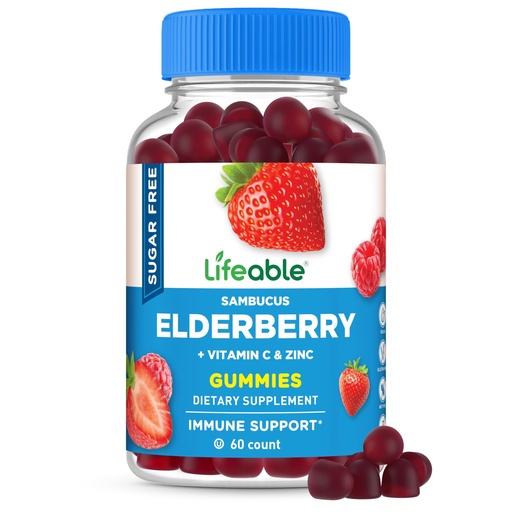 [BRSREGIZA4HQYCA4] Lifeable Sugar Free Elderberry Gummies with Vitamin C and Zinc | Great Tasting Sambucus Elderberry Immune Support Supplement | Kosher, Vegan, Non GMO Black Elderberry for Adults | 60 Gummies