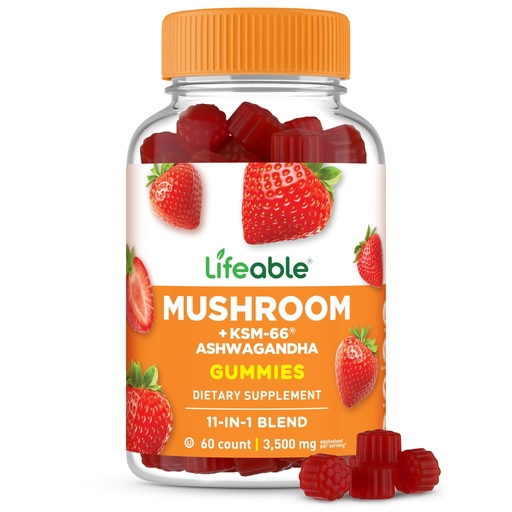 [BRSREC37DEBQIFLH] Lifeable Mushroom Gummies for Adults | 10 Mushroom Complex Blend with Ashwagandha KSM-66 | Vegan Kosher Non-GMO Mushroom Supplement Extract | Great Tasting Focus & Energy Support | 60 Gummies