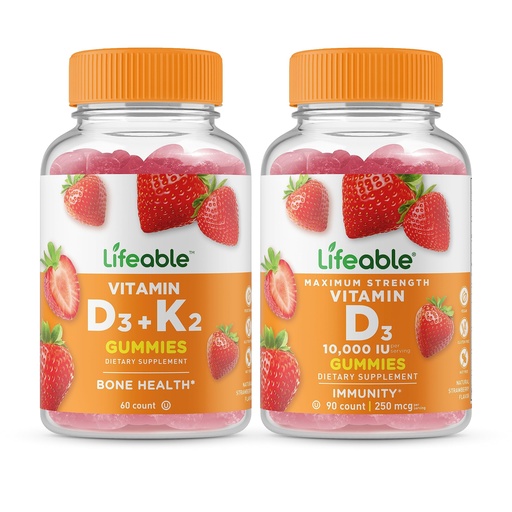[BRSROZIRAUBQK3DX] Lifeable Vitamin D3 + Vitamin K2 + Vitamin D 10000 IU, Gummies Bundle - Great Tasting, Vitamin Supplement, Gluten Free, GMO Free, Chewable Gummy