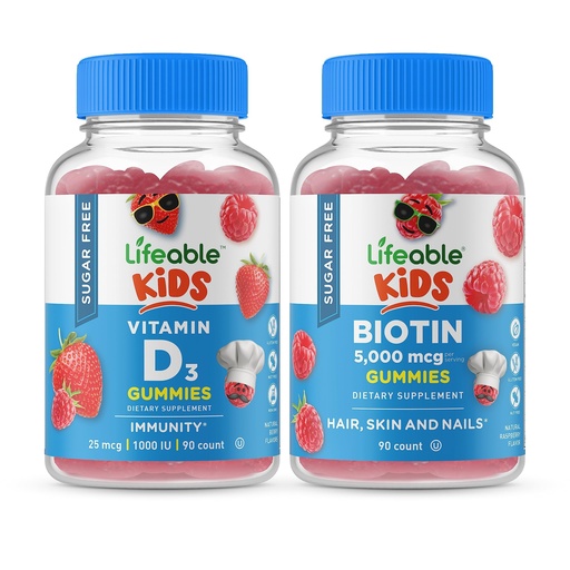 [BRSRMYITDICAYAD5] Lifeable Sugar Free Vitamin D Kids + Biotin Kids, Gummies Bundle - Great Tasting, Vitamin Supplement, Gluten Free, GMO Free, Chewable Gummy
