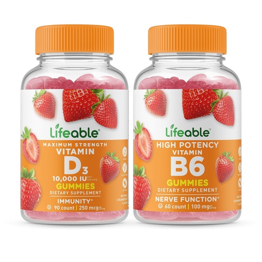 [BRSROFL2BZ6WAHIV] Lifeable Vitamin D 10000 IU + Vitamin B6, Gummies Bundle - Great Tasting, Vitamin Supplement, Gluten Free, GMO Free, Chewable Gummy