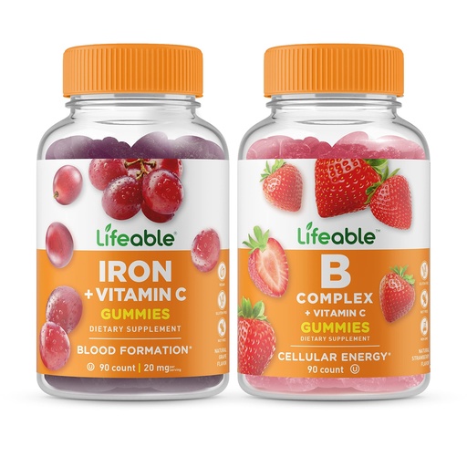 [BRSW2H33PMIRQH3X] Lifeable Iron with Vitamin C + B Complex, Gummies Bundle - Great Tasting, Vitamin Supplement, Gluten Free, GMO Free, Chewable Gummy