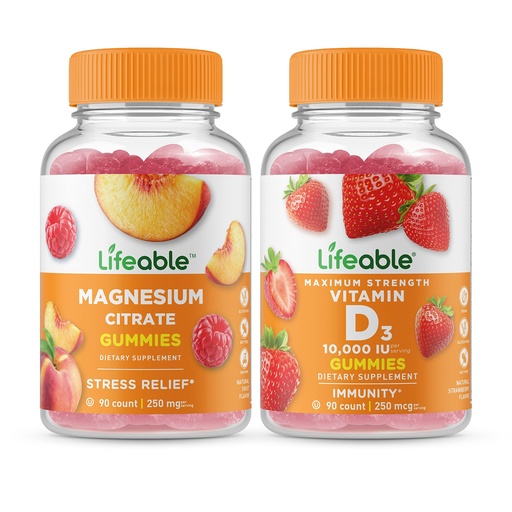 [BRSROZAHCEFWMGT7] Lifeable Magnesium 85mg + Vitamin D 10000 IU, Gummies Bundle - Great Tasting, Vitamin Supplement, Gluten Free, GMO Free, Chewable Gummy