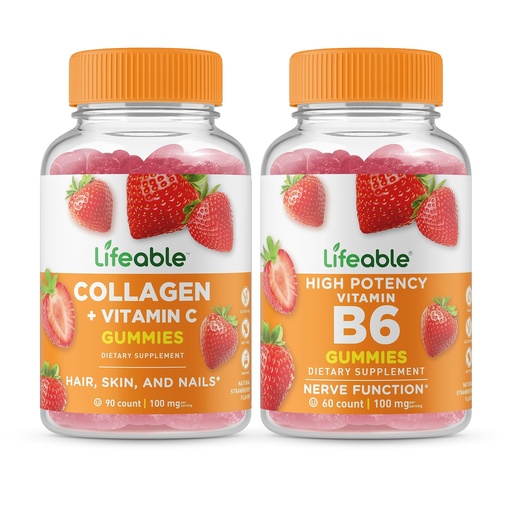 [BRSROFAQCFYWMYLF] Lifeable Collagen & Vitamin C + Vitamin B6, Gummies Bundle - Great Tasting, Vitamin Supplement, Gluten Free, GMO Free, Chewable Gummy