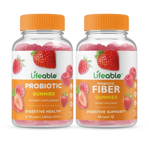 [BRSROZAZB4DQMALK] Lifeable Probiotic 2 Billion CFU + Prebiotic Fiber 5g, Gummies Bundle - Great Tasting, Vitamin Supplement, Gluten Free, GMO Free, Chewable Gummy