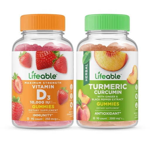 [BRSRMYA2BMBB4ET4] Lifeable Vitamin D 10000 IU + Turmeric Curcumin, Gummies Bundle - Great Tasting, Vitamin Supplement, Gluten Free, GMO Free, Chewable Gummy