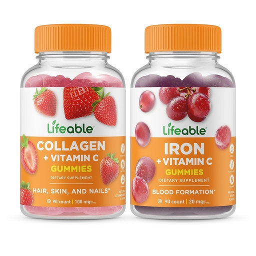 [BRSROFAQCMOQGG3D] Lifeable Collagen & Vitamin C + Iron with Vitamin C, Gummies Bundle - Great Tasting, Vitamin Supplement, Gluten Free, GMO Free, Chewable Gummy