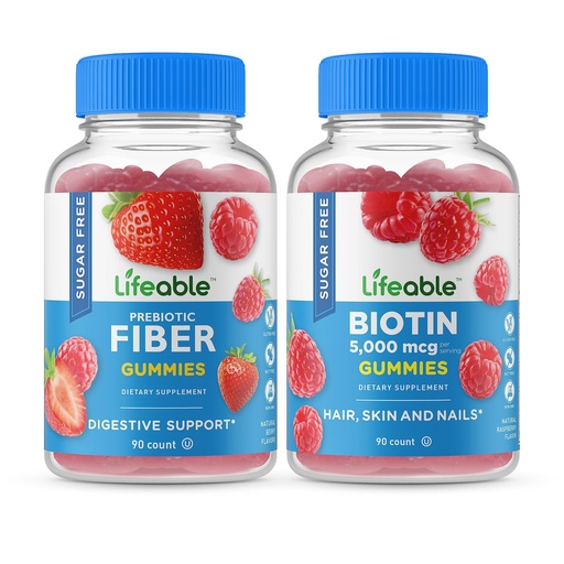 [BRSRO2T2O5YQO2QZ] Lifeable Sugar Free Prebiotic Fiber + Biotin, Gummies Bundle - Great Tasting, Vitamin Supplement, Gluten Free, GMO Free, Chewable Gummy