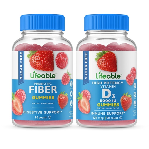 [BRSW2H34CQOQMA33] Lifeable Sugar Free Prebiotic Fiber + Vitamin D 5000 IU, Gummies Bundle - Great Tasting, Vitamin Supplement, Gluten Free, GMO Free, Chewable Gummy