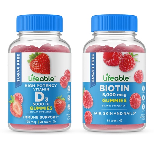 [BRSRMYITOIFAGFLF] Lifeable Sugar Free Vitamin D 5000 IU + Biotin, Gummies Bundle - Great Tasting, Vitamin Supplement, Gluten Free, GMO Free, Chewable Gummy