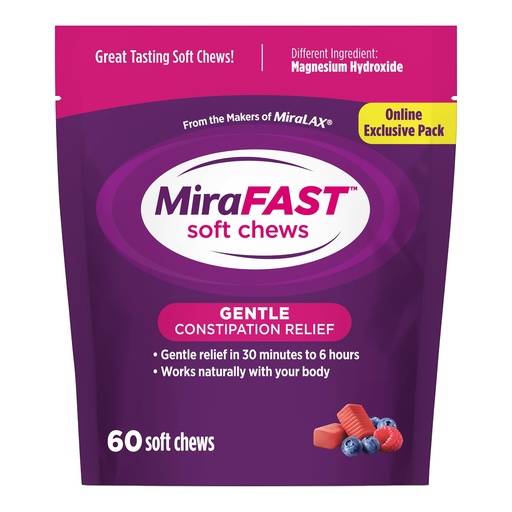 [BRSRAGAKAB5A2FLF] MiraFAST Soft Chews, from the Makers of MiraLAX, Gentle Constipation Relief, Fast Acting, Stimulant Free Saline Laxative, Magnesium Hydroxide, Blueberry & Raspberry Flavor, 60ct