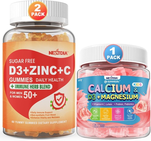 [BRSRAAQBA4HWOHTD] Sugar Free Vitamin C + D3 + Zinc Gummies for Adults 50+ & Calcium + D3 & Magnesium Filled Gummies for Kids 4+
