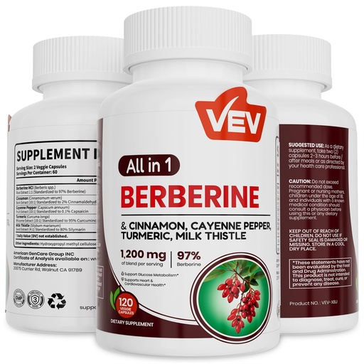 [BRSRACARPJYRMEY3] VEV Berberine Supplement with Ceylon Cinnamon, Cayenne Pepper, Turmeric, Milk Thistle, Vegan & Non-GMO – 120 Capsules