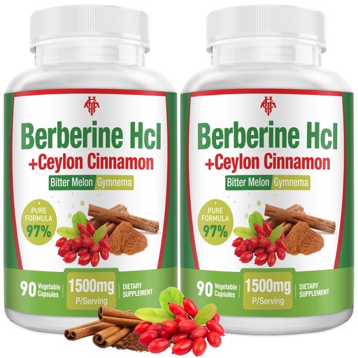 [BRSREAQPC4NAK2DL] Berberine Supplement 1500mg - Premium Berberine HCl 97% Purity Berberine Plus Pure Ceylon Cinnamon, High Potency Berberine for Men Women, Non-GMO Vegan 2Pack