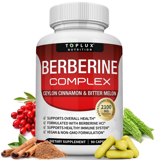 [BRSROCYNA56AGD3D] Toplux Berberine with Ceylon Cinnamon and Bitter Melon 2100mg - High Purity 97% HCL Berberine Supplement, Supports Overall Health & Immune System, Non-GMO Vegan 90 Capsules