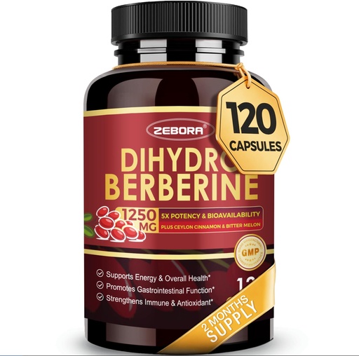 [BRSREZIRCAPRYHTV] ZEBORA Dihydroberberine 1250mg, Berberine Supplement with Ceylon Cinnamon, Bitter Melon, R-ALA, 5X Potency & Bioavailability - Supports Immune, Digestion & Heart Health, Non-GMO, 120 Capsules