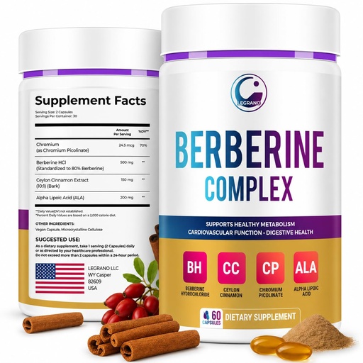 [BRSREED5OF7BEFDA] LEGRANO Berberine Supplement 500mg with Ceylon Cinnamon, ALA & Chromium – Berberine Complex for Glucose Metabolism & Heart Support – 60 Vegan Capsules