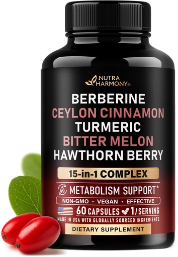 [BRSRAY34OEMWCFDP] Berberine with Ceylon Cinnamon | Bitter Melon (Karela) | Apple Cider Vinegar | Hawthorn Berry | Citrus Bergamot | Turmeric - 15-in-1 Supplement for Heart Support, Metabolism & Energy - 60 Capsules