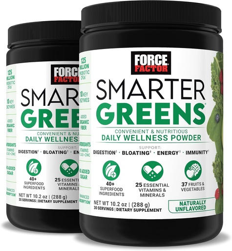 [BRSW2CYECIJQGEY2] Force Factor Smarter Greens Daily Wellness Powder 2-Pack to Support Energy, Immunity & Digestion, Superfood Greens Powder with Vitamins, Minerals & Probiotics, Unflavored, 60 Servings