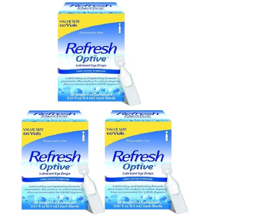 [BRSWKHD2OJ4RCGTA] Refresh Optive Lubricant Drops for Sensitive Eyes, 60 Vials, Preservative-free - Great Value Size (Pack of 3)- (180 Vials)