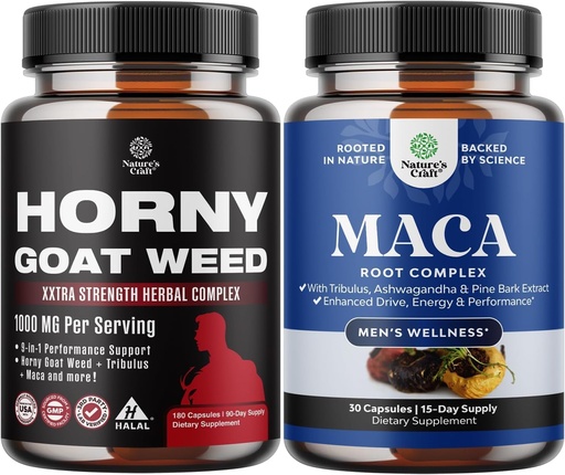 [BRSRAZ35CJ4B63A2] Bundle of Horny Goat Weed with Black Maca Root, Tongkat Ali, Saw Palmetto & Panax Ginseng Extract for Stamina & Energy and Black Maca Root with Siberian Ginseng Ashwagandha - Men’s Wellness Supplement