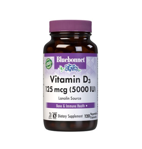 [BRSWIYAHCUFGMC36] Bluebonnet Vitamin D3 5000 IU 125 mcg - Strong Bones & Immune Support Supplement for Women & Men* Soy-Free, Gluten-Free, Non-GMO, Vegetarian - Highly Absorbable Vitamin D - 120 Veggie Capsules