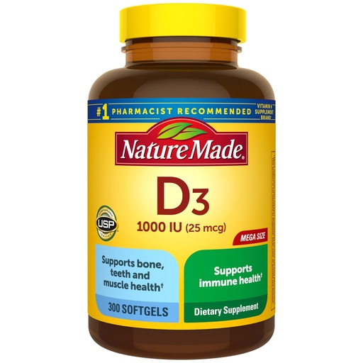 [BRSWIZQ4OAIGYFTA] Nature Made Vitamin D3 1000 IU (25 mcg), Vitamin D Supplement for Bone, Teeth, Muscle and Immune Health Support, 300 Softgels, 300 Day Supply