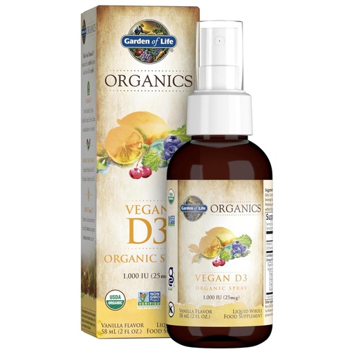 [BRSWIGL4BUGAIFL2] Garden of Life Organics Vegan Vitamin D3 Spray with Plant Omegas – Liquid Vitamin D3 for Immune Support & Bone Health, 1000 IU, USDA Organic, Non-GMO, Vanilla Flavor, 2 Fl Oz Bottle, 125 Servings