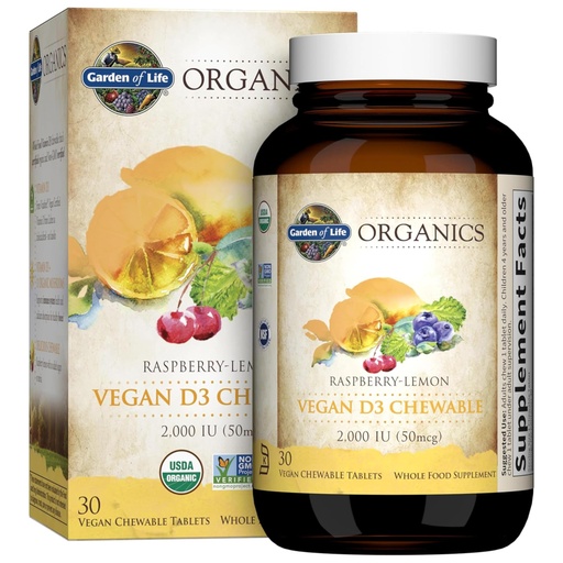 [BRSWKZAZPJ7BWFA3] Garden of Life Organics Vegan Vitamin D3 Chewable - Raspberry Lemon, 2,000 IU (50mcg) Whole Food Vitamin D3 from Lichen Plus Food & Mushroom Blend, Gluten Free, 30 Chewable Tablets