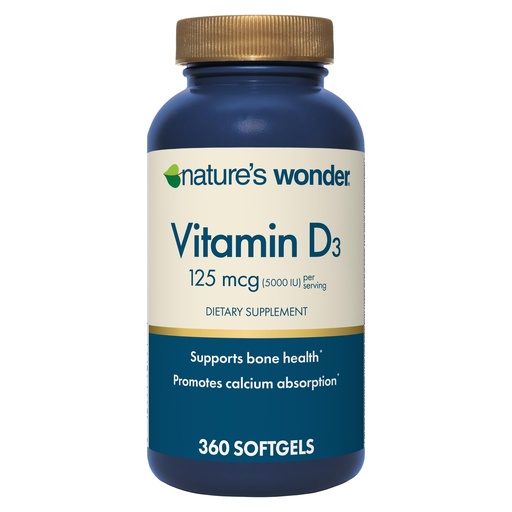 [BRSRAEITDMJRMFYY] Nature's Wonder Vitamin D3 5000iu (125mcg) High Potency, Dietary Supplement to Support Bone Health and Immune System, Gluten Free, 360 Softgels, 1 Year Supply
