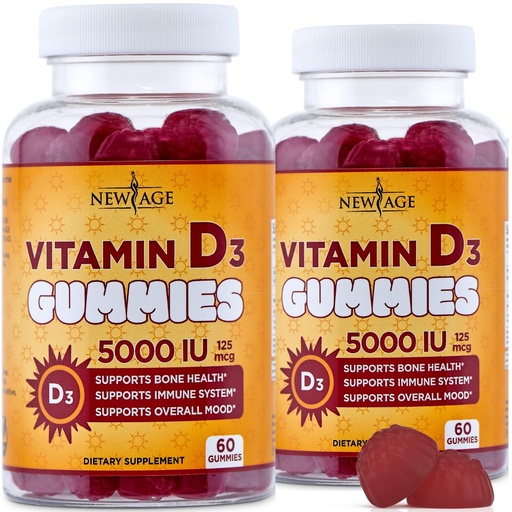 [BRSWYGQOCABAGCT2] NEW AGE Vitamin D3 5000 IU 125mcg Gummies - Immune Supplement - Non-GMO, Gluten-Free, Dairy-Free, No Gelatin (120 Gummies (Pack of 2))