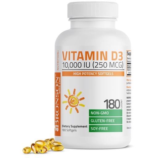 [BRSROY34PMHGOE36] Bronson Vitamin D3 10,000 IU (250 mcg) High Potency - Supports Healthy Immune System, Strong Bones, Muscles & Teeth - Non GMO, 180 Softgels