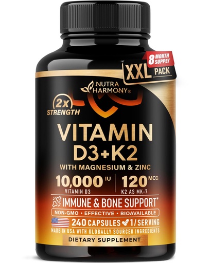 [BRSRAHAPCMFRAAAY] Vitamin D3 K2 - Vitamin D3 10000 iu & K2 as MK-7 120 mcg - Immune & Mood Support, for Bone & Teeth Health - with Magnesium, Zinc & Vitamin C & B12 - Highly Bioavailable - Gluten Free, 240 Capsules