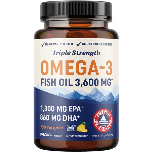 [BRSWGBD4CJ7WC2DK] Triple Strength Omega 3 Fish Oil 3600 mg | EPA & DHA | Over 2100mg Omega-3 Fatty Acids | 1300mg EPA + 860mg DHA | Best Essential Fatty Acids | Premium Wild Caught & Burpless Fish Oil | 180 Ct