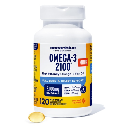 [BRSREZAZAQIQEHLO] Oceanblue Professional Omega-3 2100mg Mini Fish Oil Softgels - Triple Strength, High Potency EPA, DHA & DPA - Burpless, Wild-Caught, Natural Orange Flavor - 120 Count
