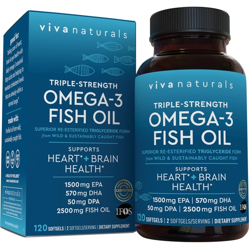 [BRSREHQQBMGQ2FLK] Viva Naturals Omega 3 Fish Oil Supplement for Women and Men - 2500 mg Triple Strength Fish Oil per Serving with Omega 3 Fatty Acids Including EPA, DHA DPA - 120 Pescatarian-Friendly Softgels