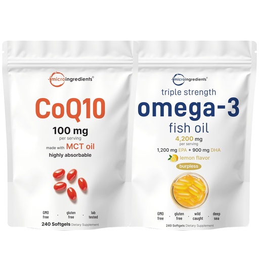 [BRSRACD2AQBG233G] Micro Ingredients Omega-3 Fish Oil 4,200mg & CoQ10 100mg Softgels Bundle 2 Pack | Wild-Caught Fish, Burpless, Lemon Flavor | High Absorption Ubiquinone with Coconut MCT Oil