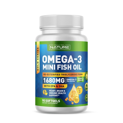 [BRSRACQYDIDQGCTV] Built by Nature Omega 3 Mini Fish Oil – Re-esterified Triglyceride Form (rTG) – High Omega-3 1680mg, EPA and DHA - Small & Easier to Swallow – 90 Softgels