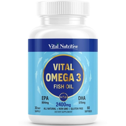 [BRSREEDQPINW2DI3] Vital Omega 3 Fish Oil Supplements 2400mg | 864mg EPA & 576mg DHA | 1440mg Total Omega-3 Fatty Acids | Promotes Brain & Heart Health | Non-GMO, Gluten-Free, Sugar-Free | Lemon | 30 Day Servings