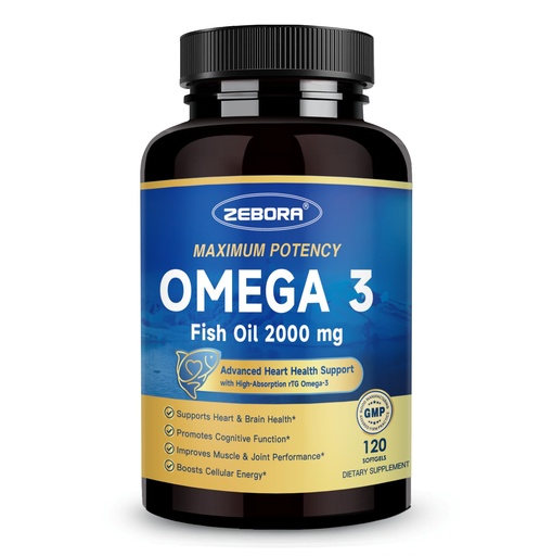 [BRSRE2YCBUIAKHIU] ZEBORA Omega 3 Fish Oil 2000mg - EPA & DHA Supplement with CoQ10 & Taurine - Easy to Absorb Re-esterified Triglyceride(rTG) Form - Support Heart & Immune Health, 120 Softgels