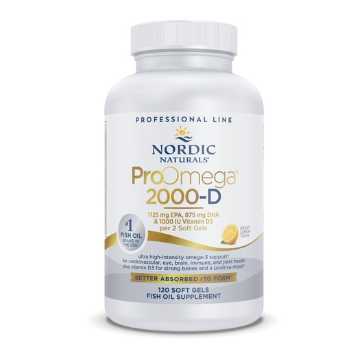 [BRSWGYIOBYFBGEL5] Nordic Naturals ProOmega 2000-D, Lemon Flavor - 120 Soft Gels - 2150 mg Omega-3 + 1000 IU D3 - Ultra High-Potency Fish Oil - EPA & DHA - Brain, Heart, & Immune Health - Non-GMO - 60 Servings