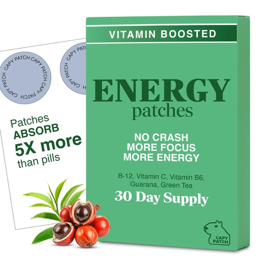 [BRSRAHA2O56R4D3V] B12 Vitamin Energy Patch with Caffeine, Green Tea Extract & Guarana (30 Count) | Caffeine, Vitamin B6 & B3 for Focus & Energy | 12-Hour Plant-Based Boost