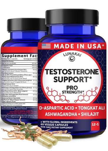 [BRSREYI6OUCQKCQ6] Lunakai USA Made Natural Testosterone Booster for Men with Tongkat Ali, Ashwagandha & Shilajit - Testosterone Supplement for Strength, Energy & Stamina, 60ct
