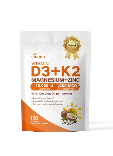 [BRSRGA35AUNAMFI3] VivoNu Vitamin D3 K2 10,000 IU Magnesium Supplement – 4-in-1 with Vitamin D and K (MK-7), Magnesium Glycinate & Zinc Citrate – 180 Softgels for Energy, Bone* & Muscle* Support*