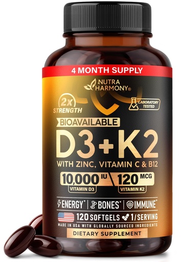 [BRSREC32BMOQMD3F] Vitamin D3 K2 - Vitamin D3 10000 iu & K2 120 mcg - Immune & Mood Support, for Bone & Teeth Health - with Zinc, Vitamin C & B12 - Highly Bioavailable - For Men & Women - Made in USA, 120 Softgels