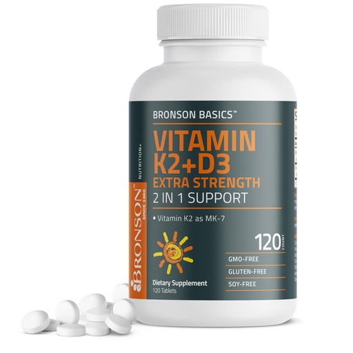 [BRSREGT4CEBWGYLJ] Bronson Vitamin K2 (MK7) with D3 Supplement Extra Strength 2 in 1 Support, 10,000 IU Vitamin D3 & 120 mcg K2 MK-7, 120 Tablets