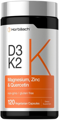 [BRSREBQ5AEBRE2A3] Horbäach Vitamin D3 K2 | 5000 IU D3 | 120 Capsules | with Magnesium, Zinc, & Quercetin | Vegetarian, Non-GMO, Gluten Free Supplement